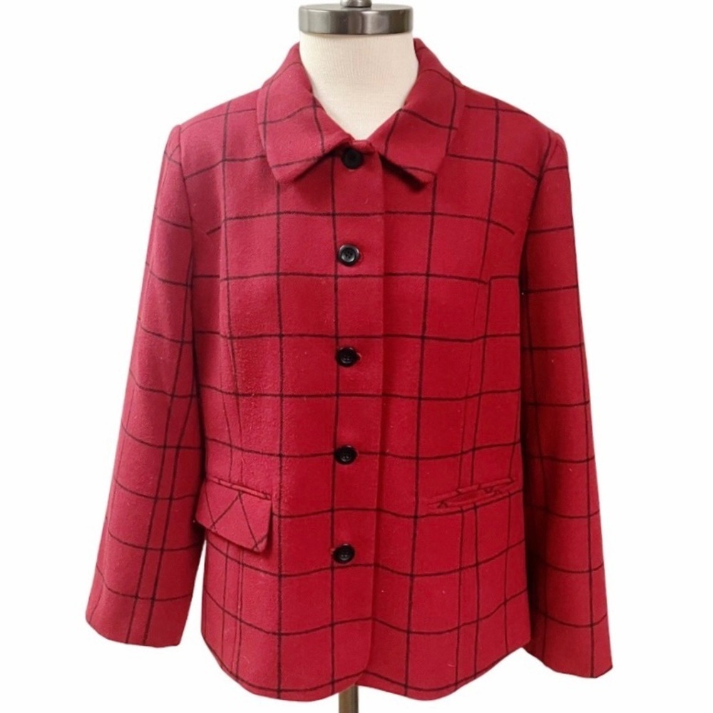 Vtg Y2k Career Preppy Appleseeds Women’s Wool Blend Plaid Blazer SZ 14 Red Blk